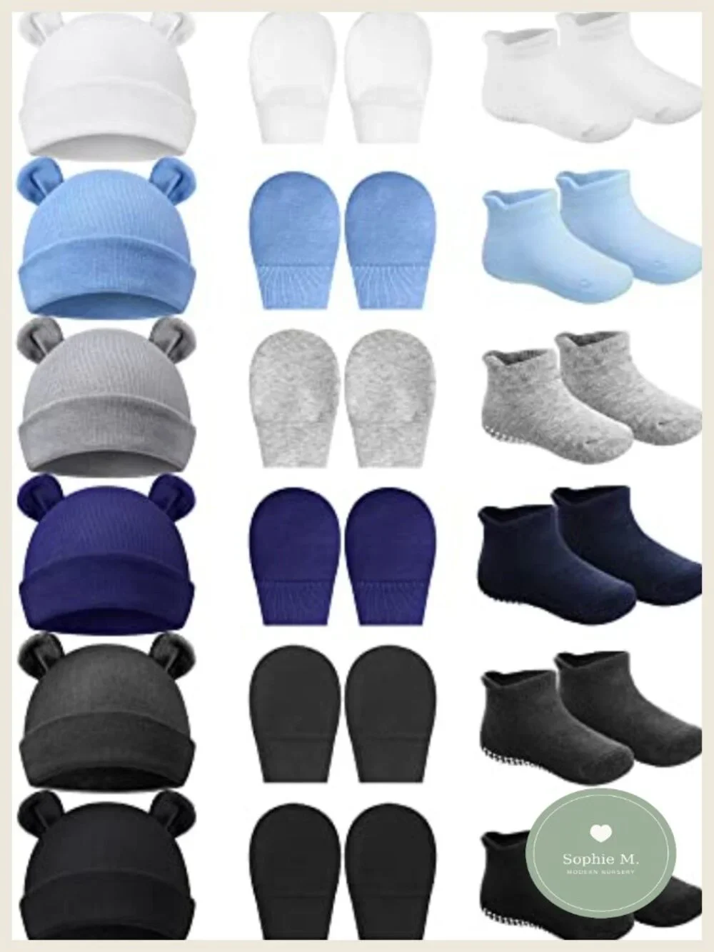 6 Pack Newborn Baby Hat Set with Mittens and Socks Cotton